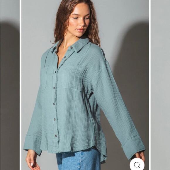 New In Boutique WOMEN FRAYED HEM DETAIL SOLID WOVEN SHIRT TOP IN SEA BLUE large - Picture 1 of 8
